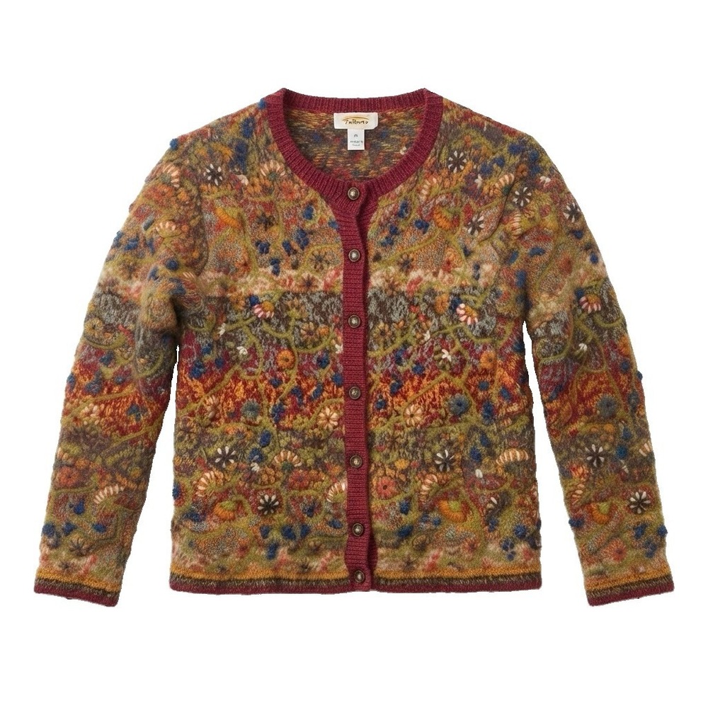 Talbots Vintage M Cardigan Silk Cotton Linen Lambswool Embroidered Boho Floral